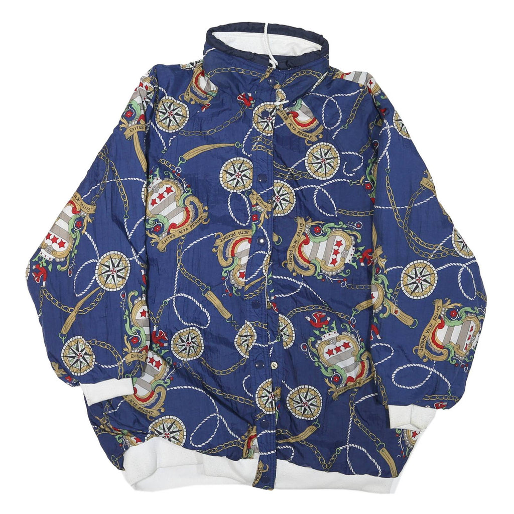 Womens Blue Synthetic Reversible Jacket XL Button Lightweight Nautical Print