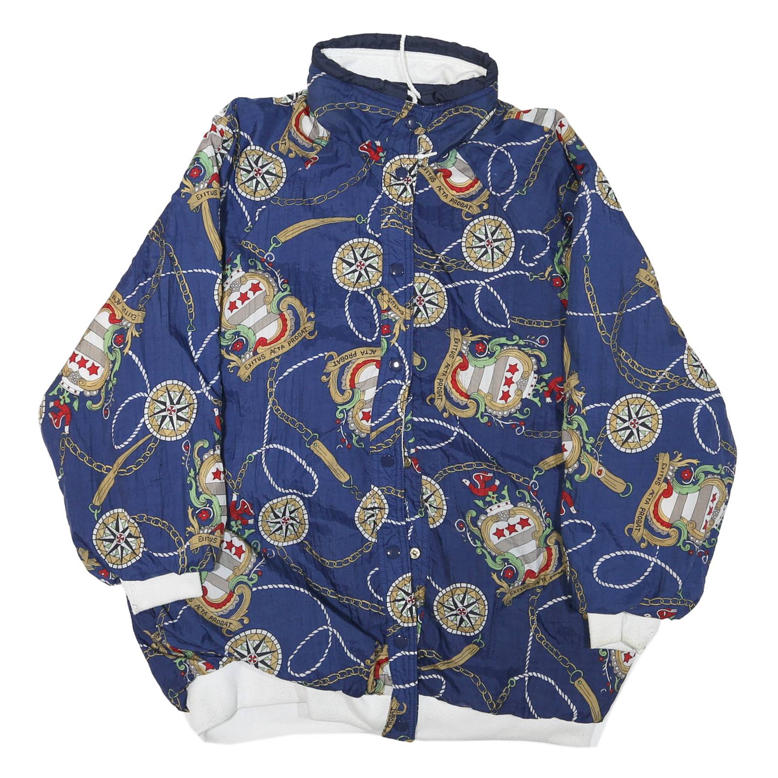 Womens Blue Synthetic Reversible Jacket XL Button Lightweight Nautical Print