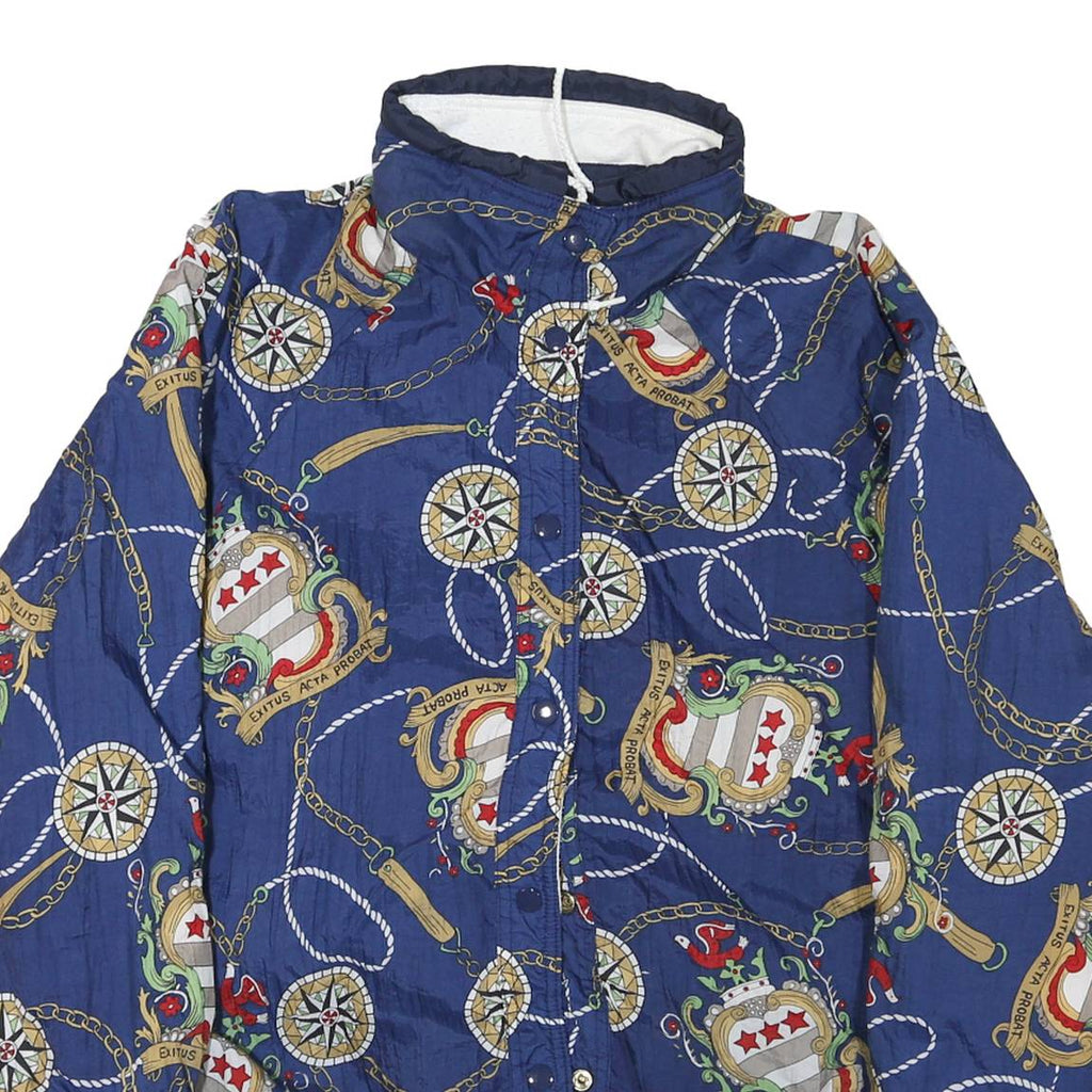 Womens Blue Synthetic Reversible Jacket XL Button Lightweight Nautical Print