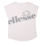 ELLESSE Womens White Grey Logo Graphic T-Shirt UK 12 Short Sleeve Crew Neck