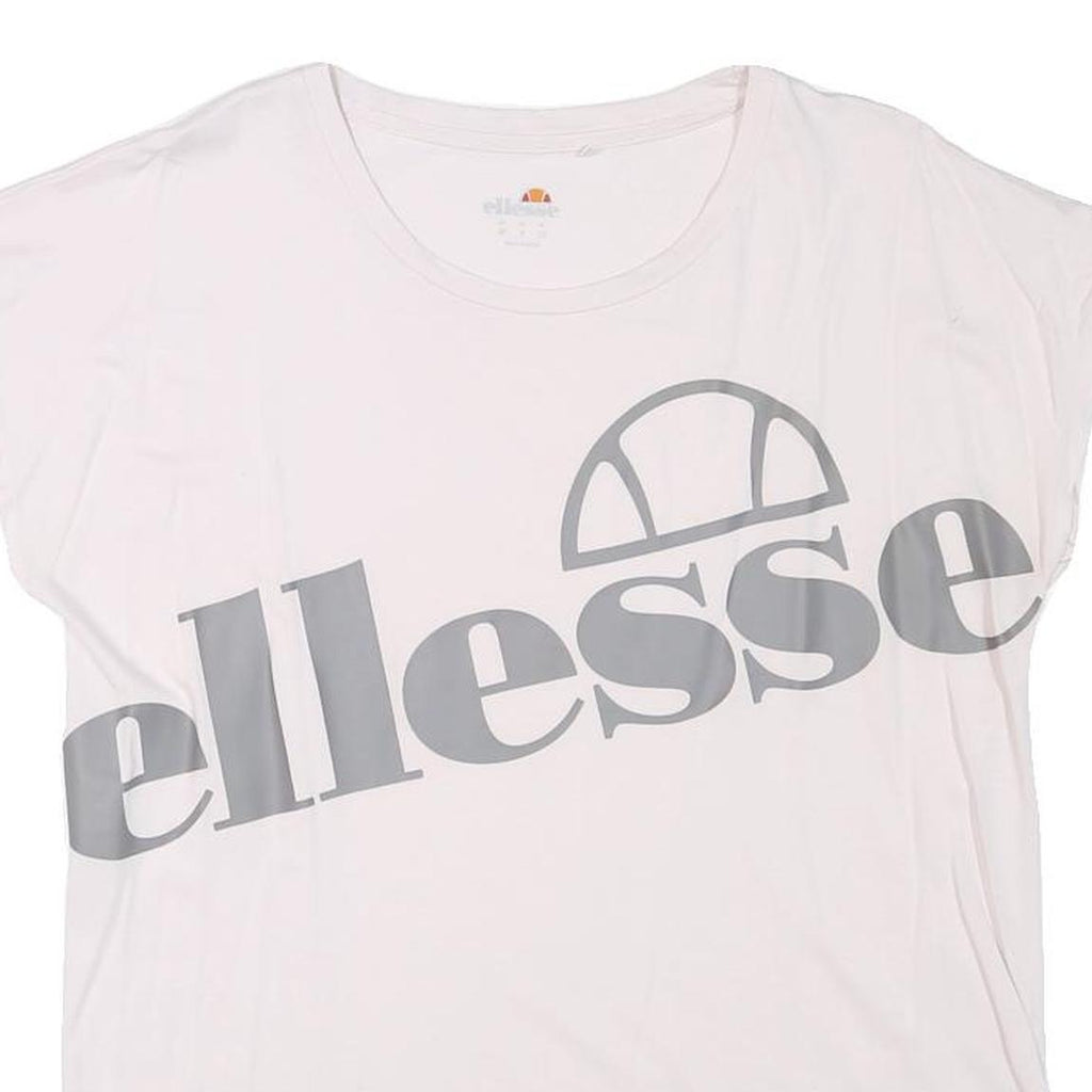 ELLESSE Womens White Grey Logo Graphic T-Shirt UK 12 Short Sleeve Crew Neck