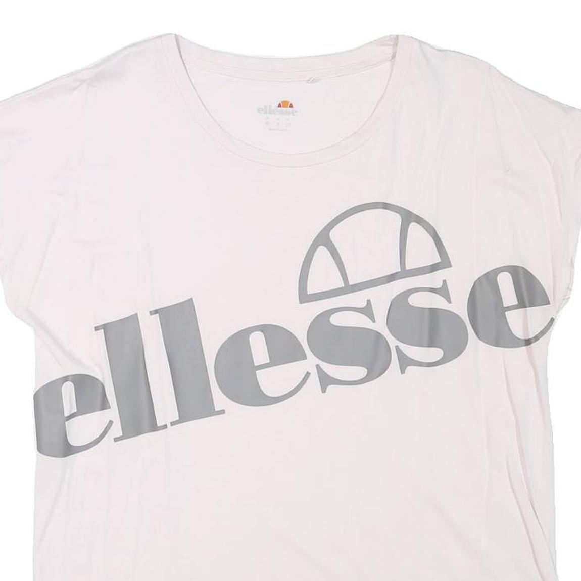 ELLESSE Womens White Grey Logo Graphic T-Shirt UK 12 Short Sleeve Crew Neck