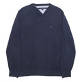 TOMMY HILFIGER Mens Navy Plain Cotton V-Neck Basic Knit Jumper L Classic Casual