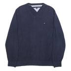 TOMMY HILFIGER Mens Navy Plain Cotton V-Neck Basic Knit Jumper L Classic Casual