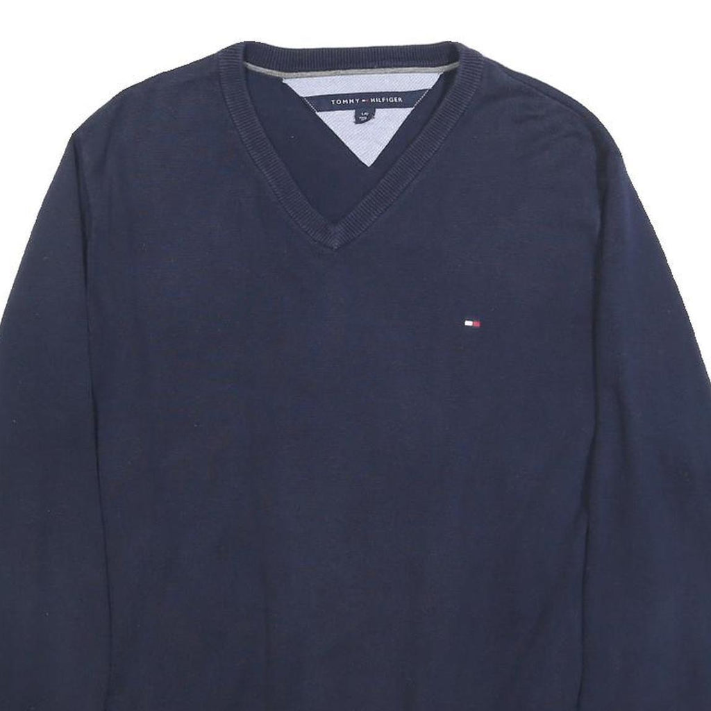 TOMMY HILFIGER Mens Navy Plain Cotton V-Neck Basic Knit Jumper L Classic Casual