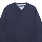 TOMMY HILFIGER Mens Navy Plain Cotton V-Neck Basic Knit Jumper L Classic Casual