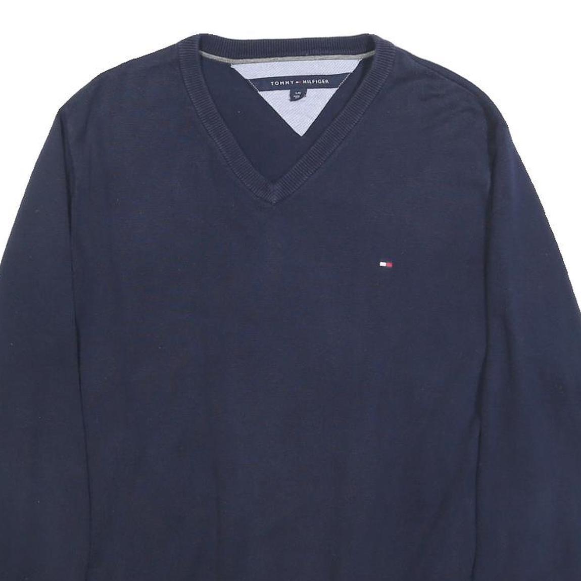 TOMMY HILFIGER Mens Navy Plain Cotton V-Neck Basic Knit Jumper L Classic Casual