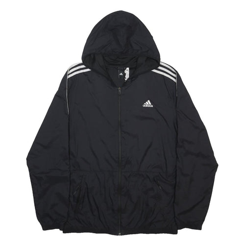 ADIDAS Mens Black Nylon Hooded Jacket L Plain Zip Sportswear Athletic Fit