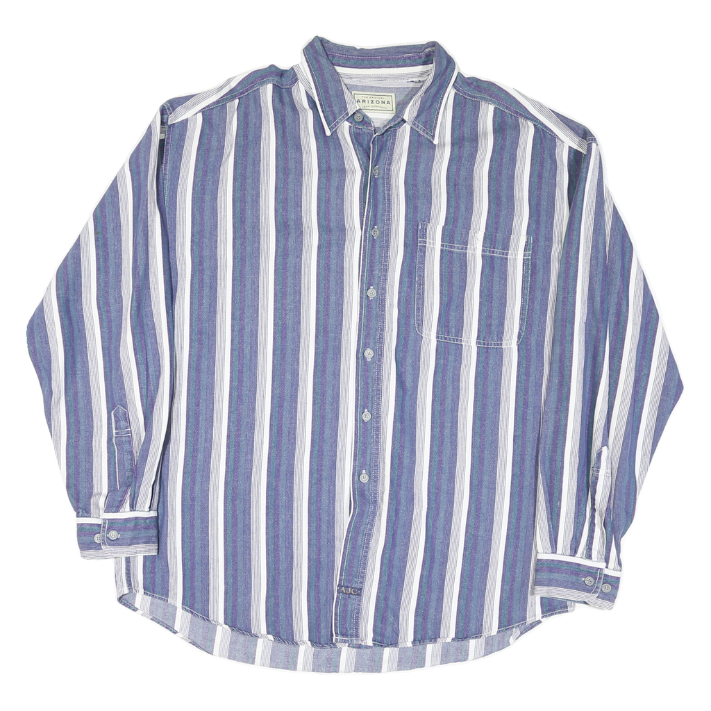 ARIZONA Mens Blue & Green Striped Cotton Blend Shirt L Casual Button Down