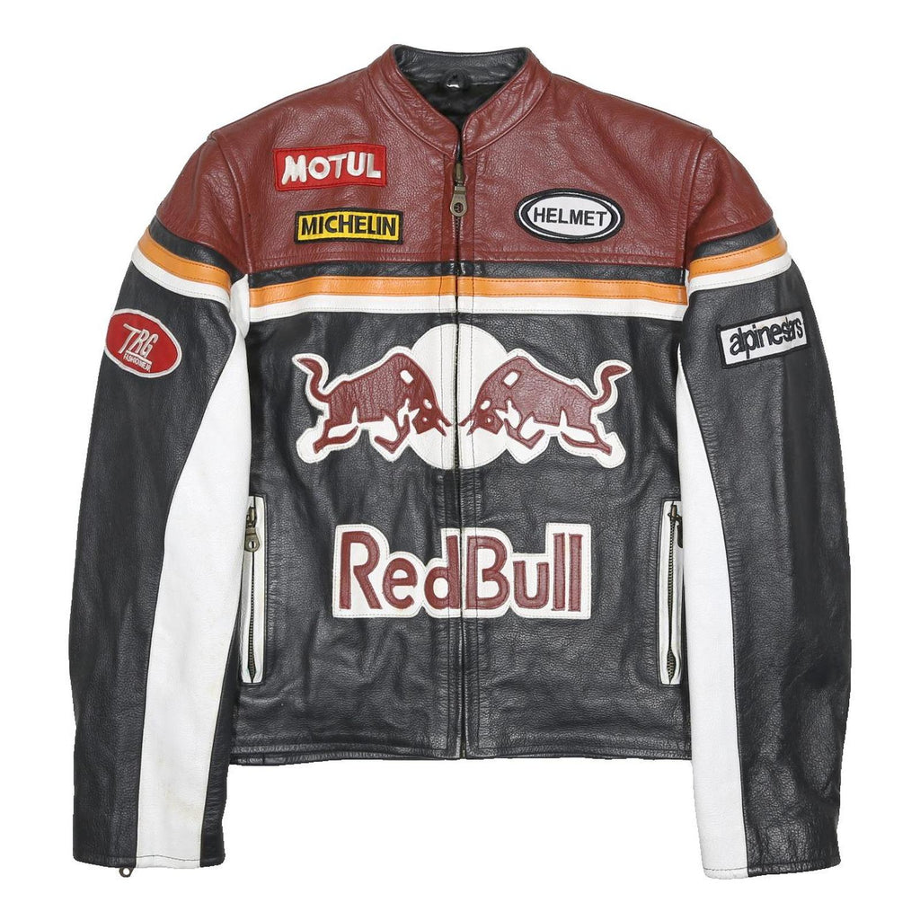 TOP RANGE Mens Brown & Black Red Bull Leather Zip Jacket S Racing Motorcycle
