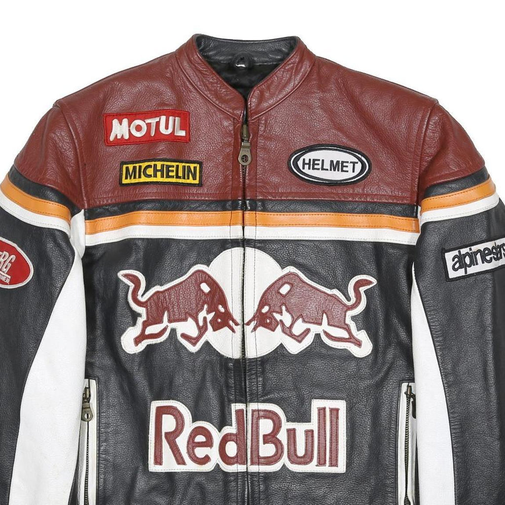 TOP RANGE Mens Brown & Black Red Bull Leather Zip Jacket S Racing Motorcycle