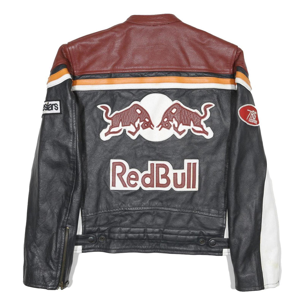 TOP RANGE Mens Brown & Black Red Bull Leather Zip Jacket S Racing Motorcycle