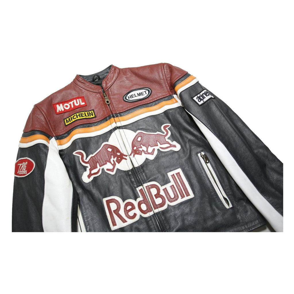 TOP RANGE Mens Brown & Black Red Bull Leather Zip Jacket S Racing Motorcycle