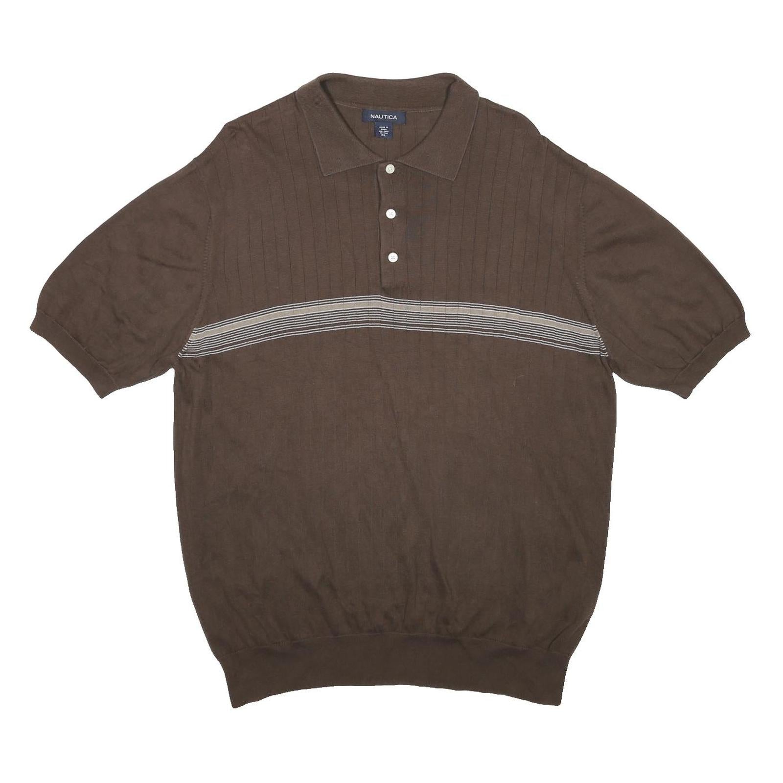 NAUTICA Mens Brown & Grey Short Sleeve Polo Shirt XL Striped Cotton Classic