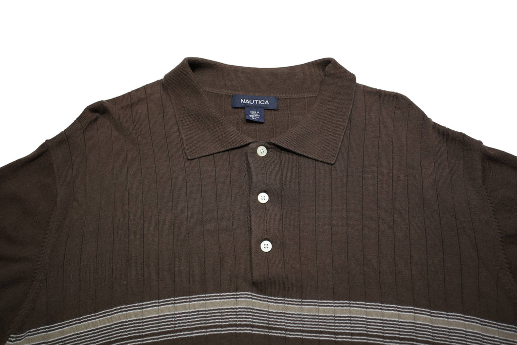 NAUTICA Mens Brown & Grey Short Sleeve Polo Shirt XL Striped Cotton Classic