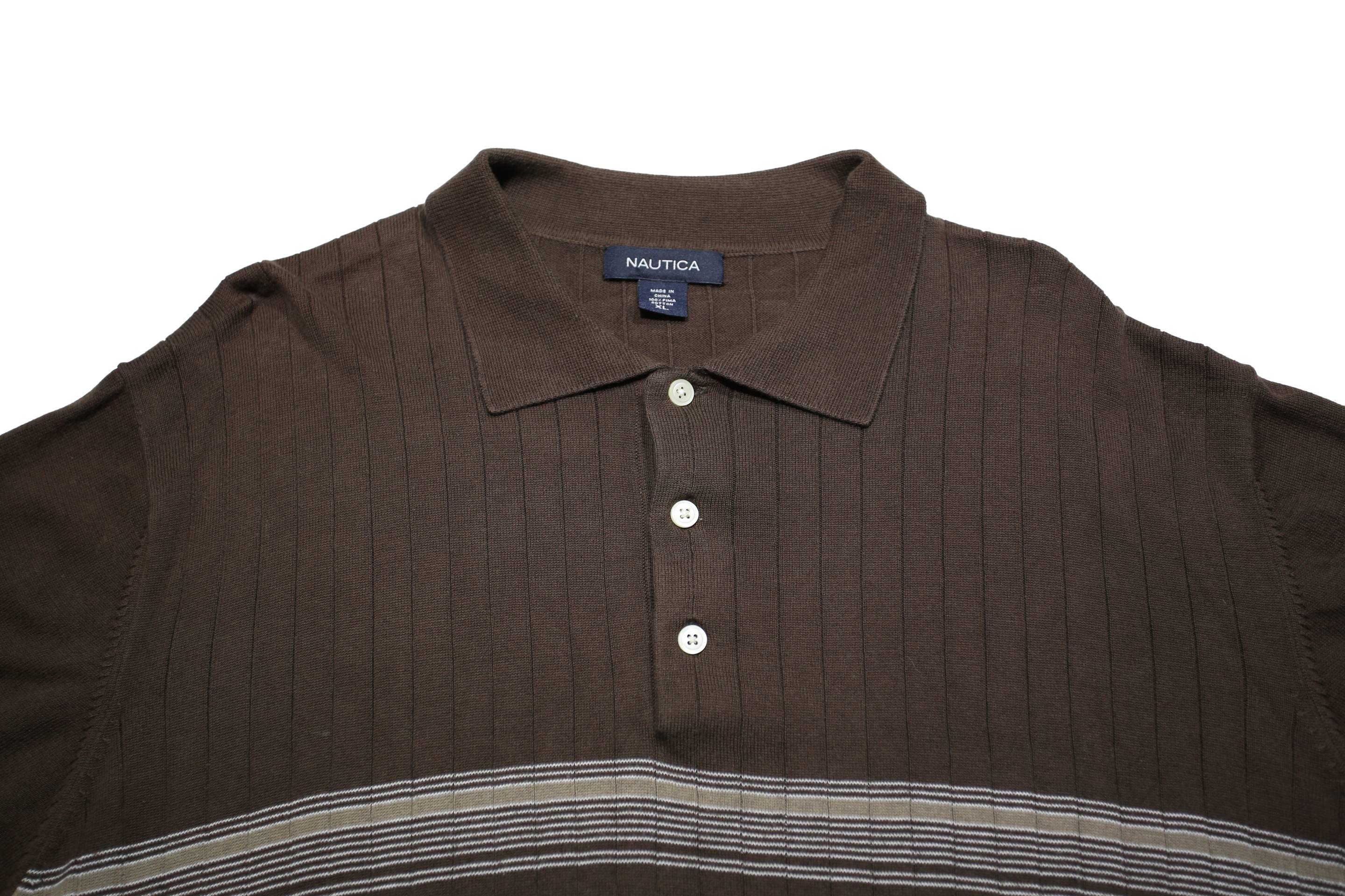 NAUTICA Mens Brown & Grey Short Sleeve Polo Shirt XL Striped Cotton Classic