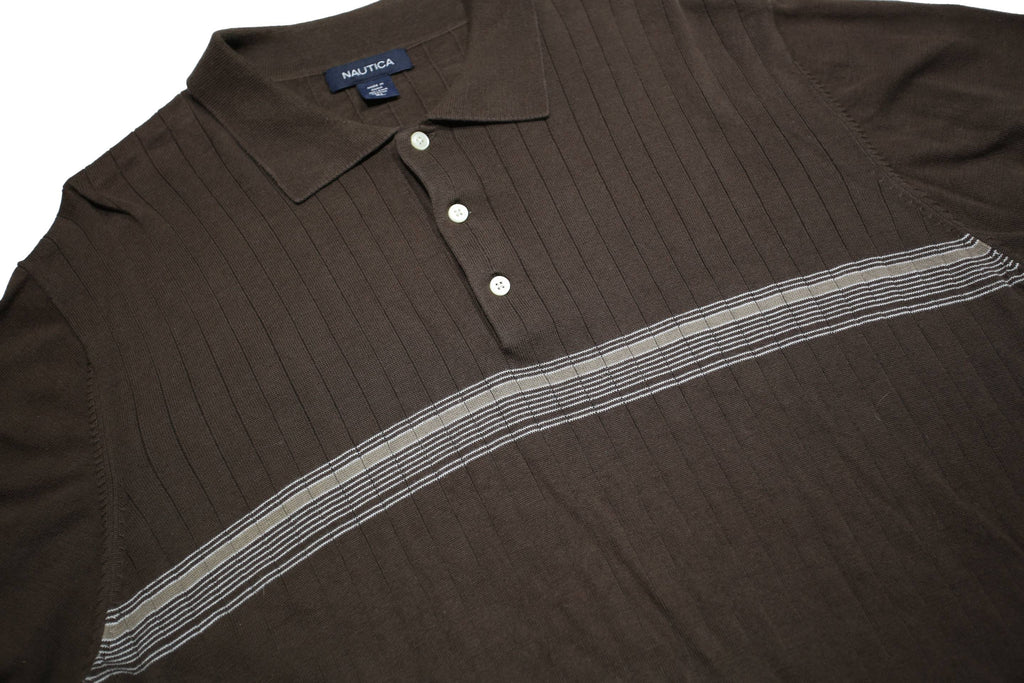 NAUTICA Mens Brown & Grey Short Sleeve Polo Shirt XL Striped Cotton Classic