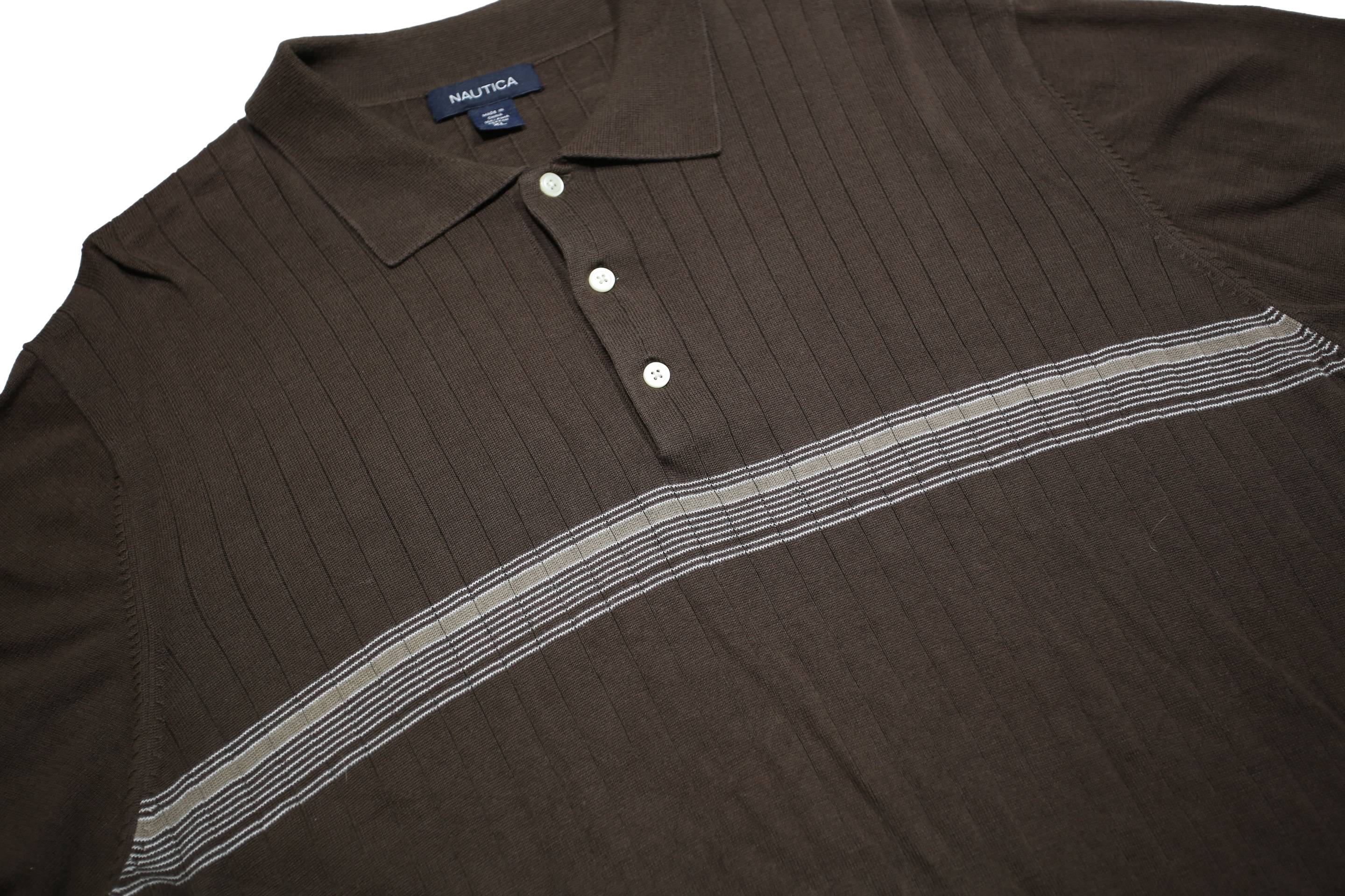 NAUTICA Mens Brown & Grey Short Sleeve Polo Shirt XL Striped Cotton Classic
