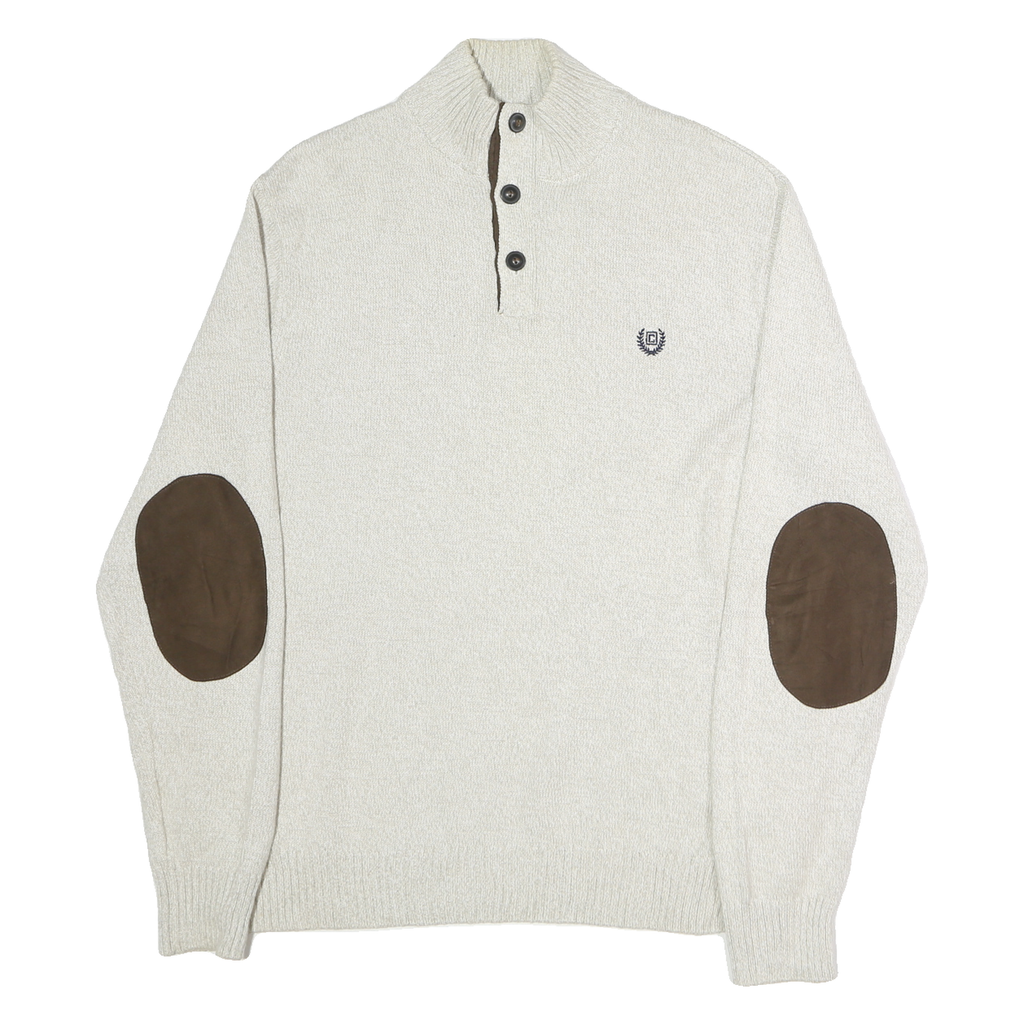 CHAPS Mens Cream Button Up Plain Crew Neck Basic Knit Jumper L Cotton