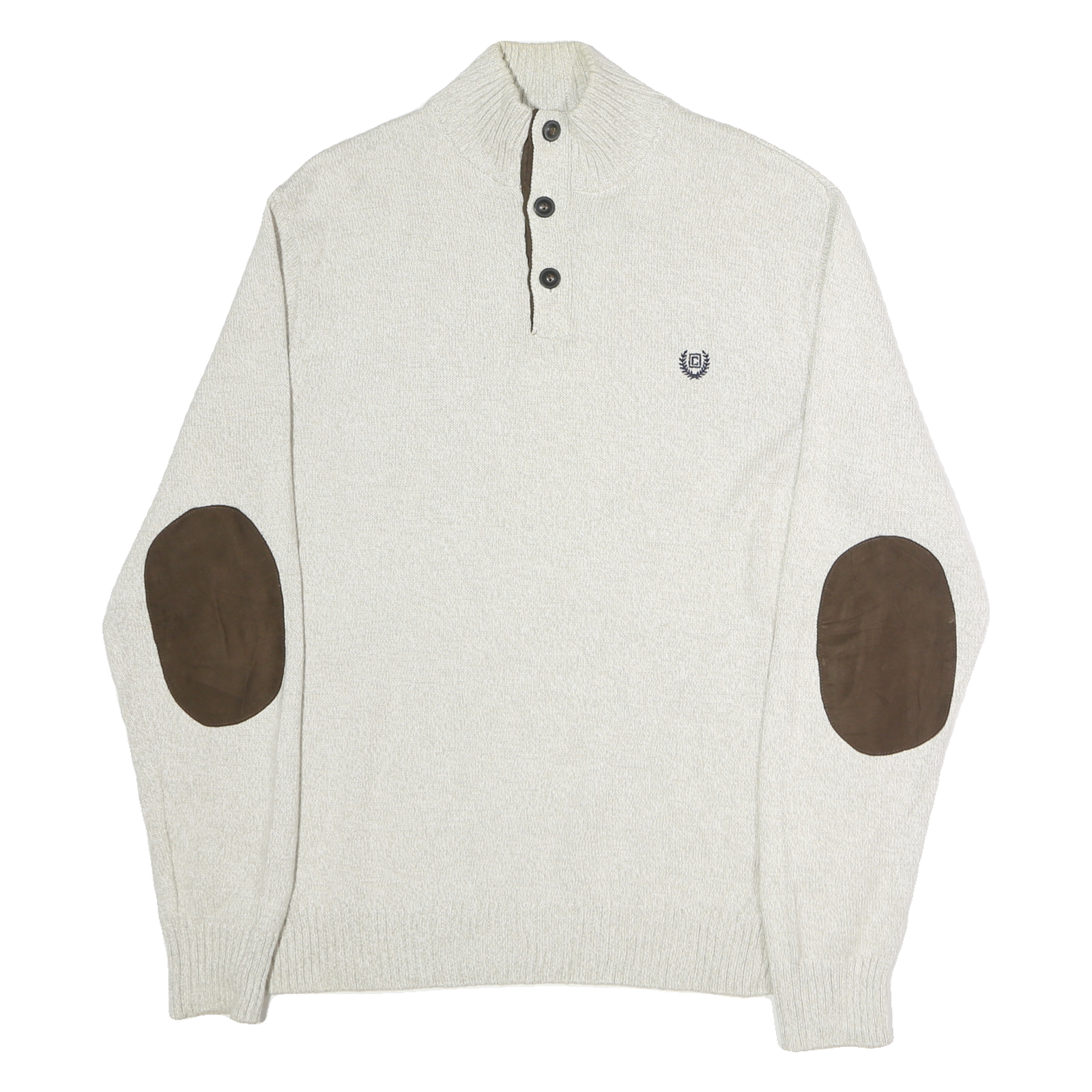 CHAPS Mens Cream Button Up Plain Crew Neck Basic Knit Jumper L Cotton