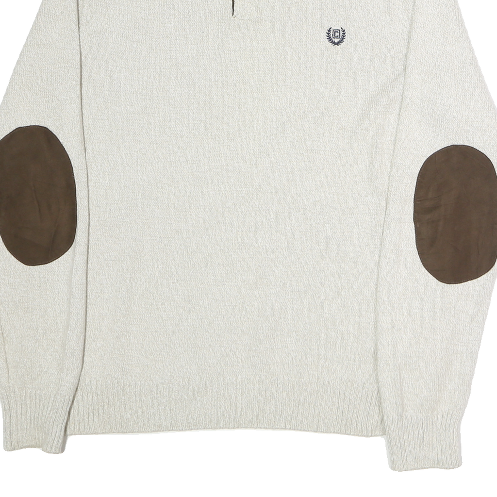 CHAPS Mens Cream Button Up Plain Crew Neck Basic Knit Jumper L Cotton