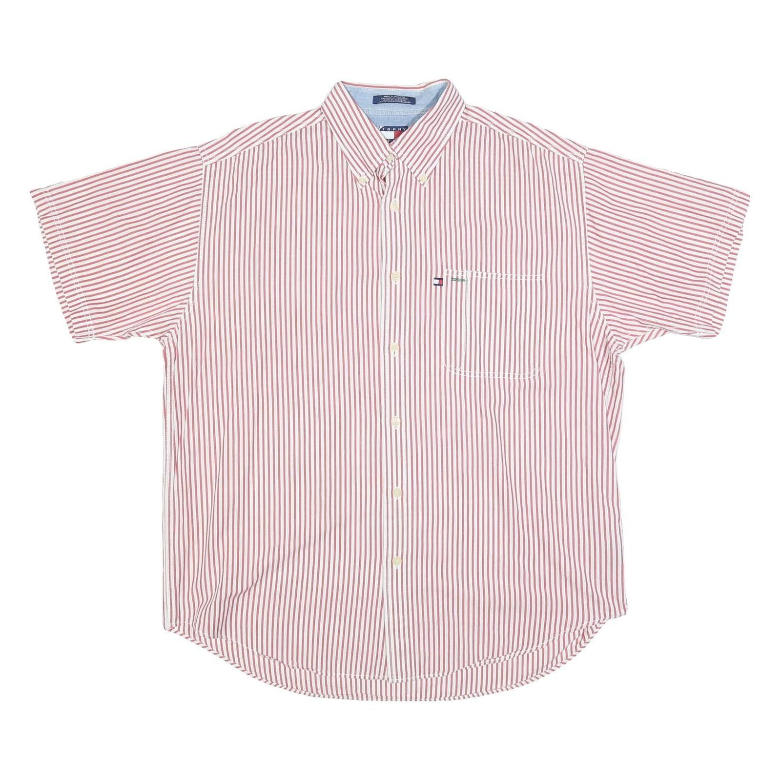 TOMMY JEANS Mens Red & White Stripe Shirt L Button Down Chest Pocket Casual