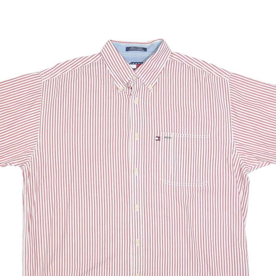 TOMMY JEANS Mens Red & White Stripe Shirt L Button Down Chest Pocket Casual