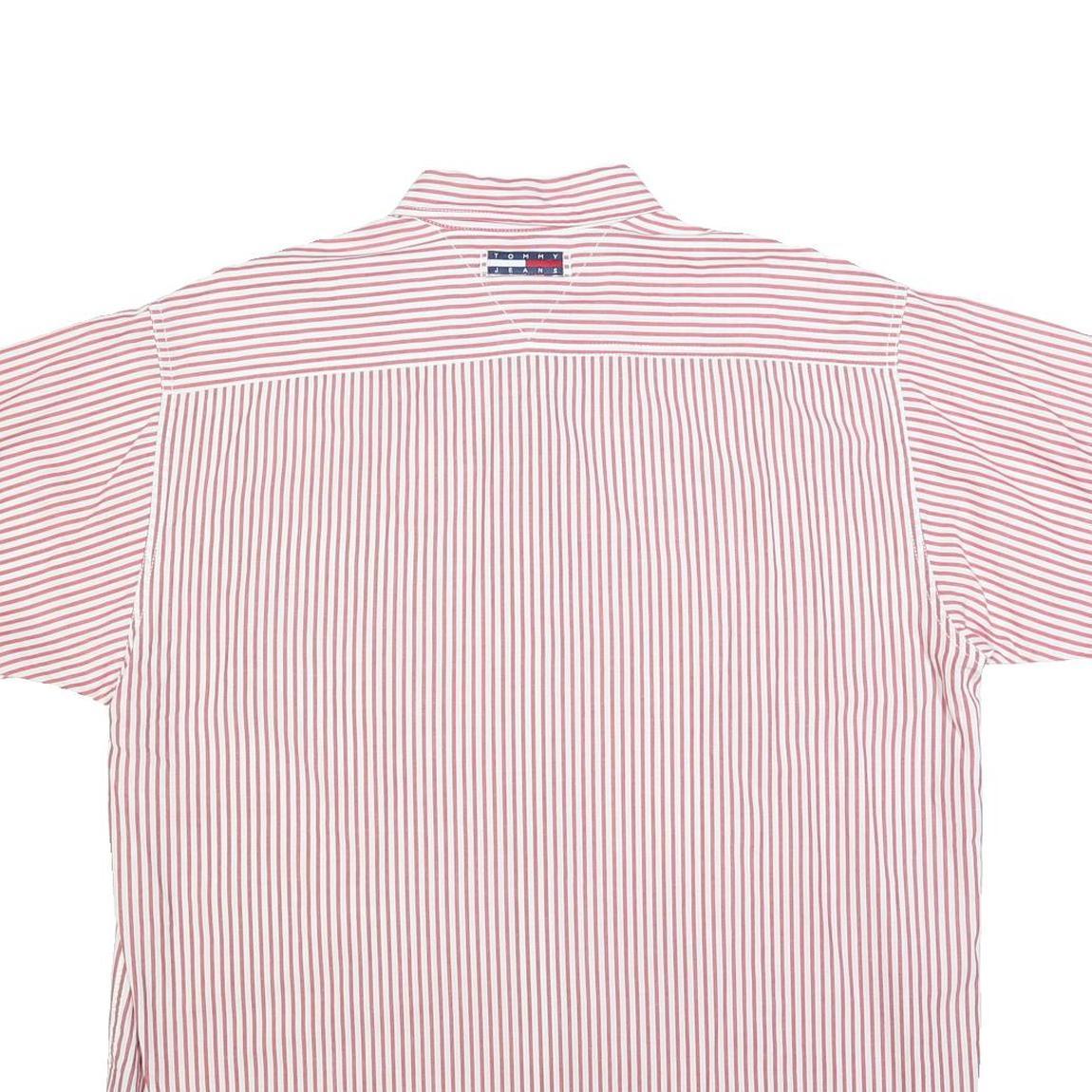 TOMMY JEANS Mens Red & White Stripe Shirt L Button Down Chest Pocket Casual