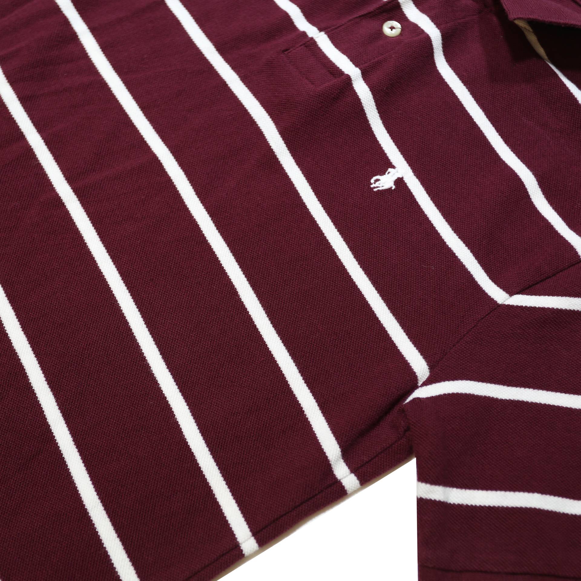 POLO RALPH LAUREN Boys Maroon & White Striped Short Sleeve Polo Shirt L Cotton