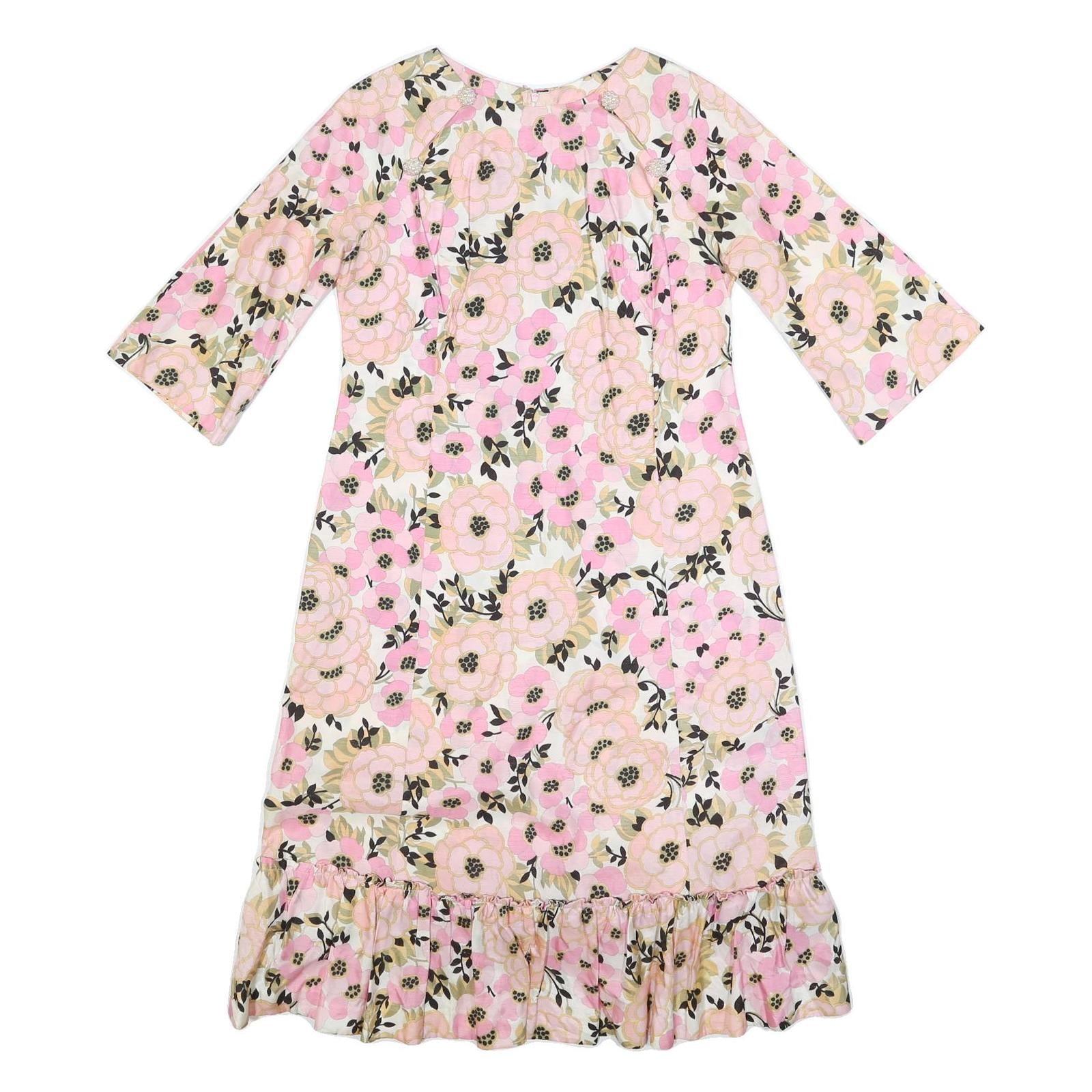 Womens Pink & Cream Floral Day Woven Shift Dress 3/4 Sleeve L Summer