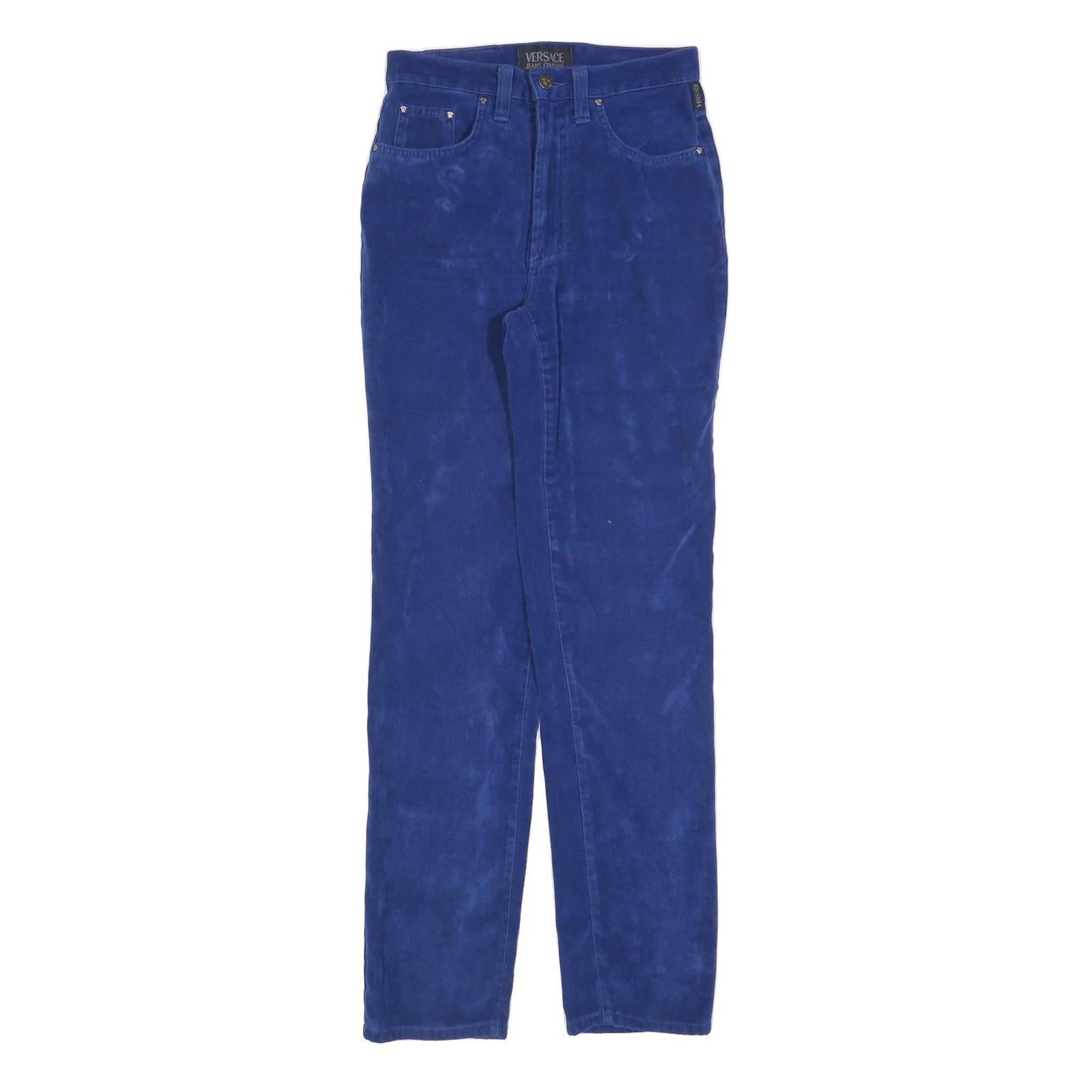 VERSACE Womens Cotton Blend Blue Slim Straight Trousers W26 L32 Designer Zip