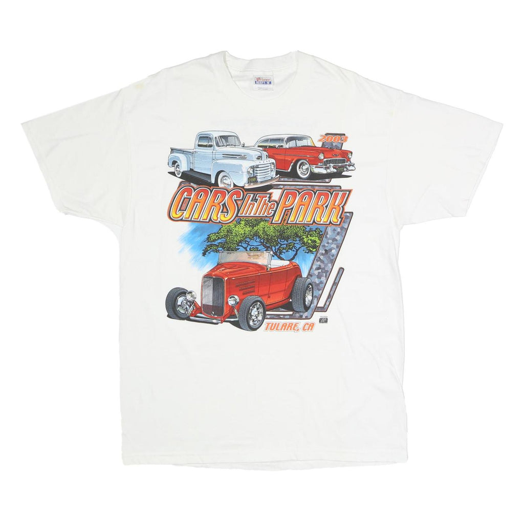 HANES Mens White Cars In The Park Graphic T-Shirt L Short Sleeve Crew Neck