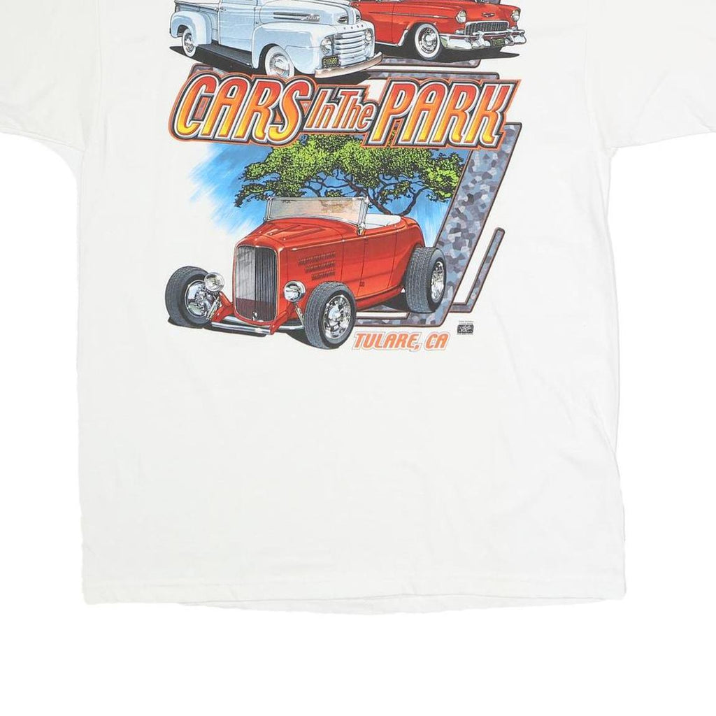 HANES Mens White Cars In The Park Graphic T-Shirt L Short Sleeve Crew Neck