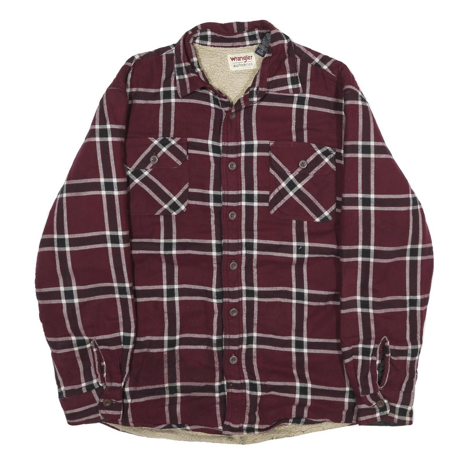 WRANGLER Mens Maroon & White Check Cotton Blend Button Jacket L Flannel