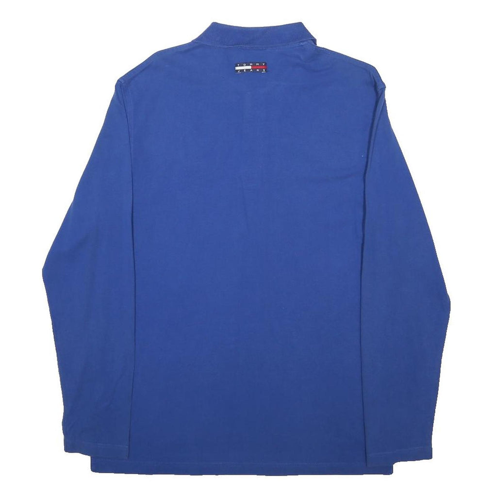 TOMMY JEANS Mens Blue Long Sleeve Plain Polo Shirt L Cotton Casual