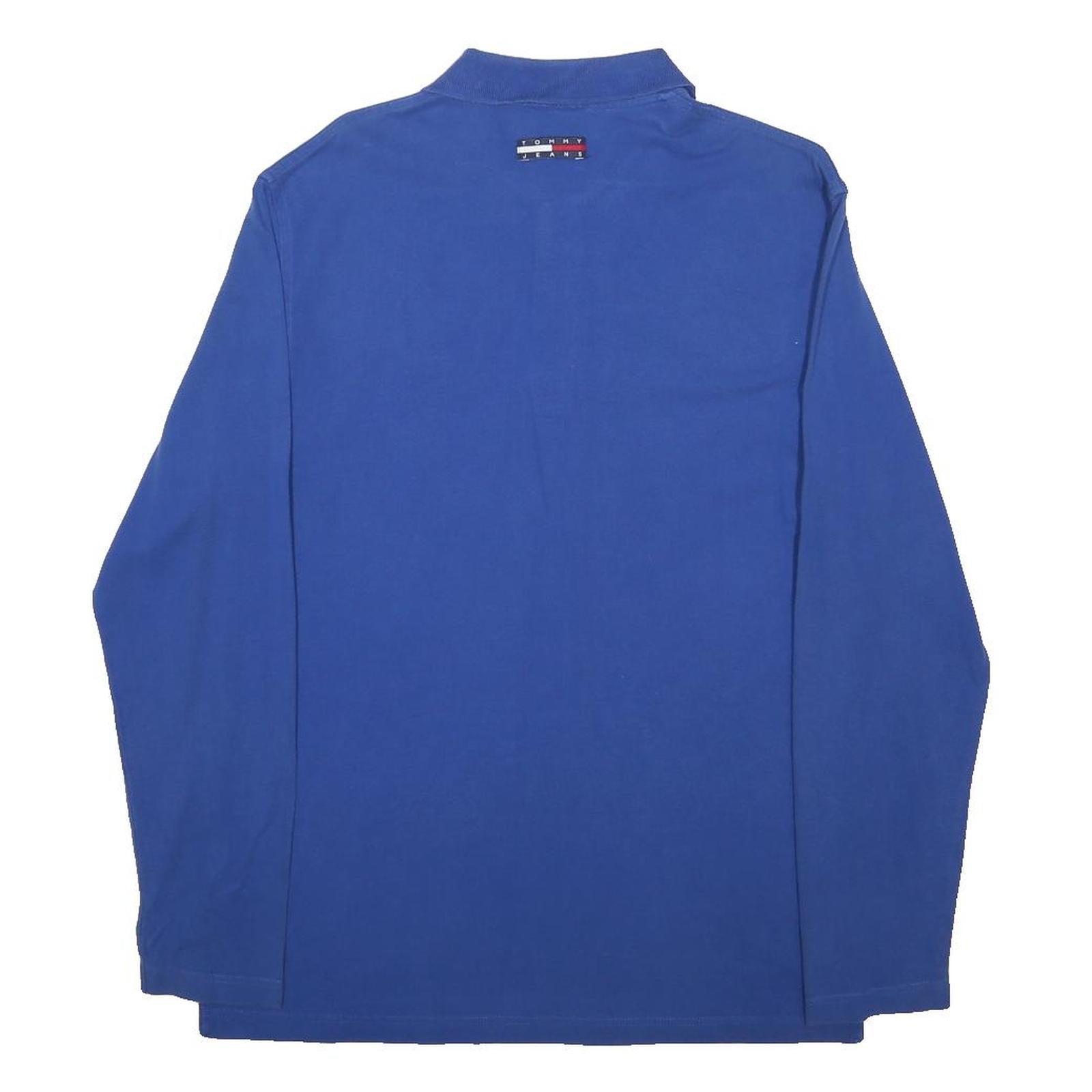TOMMY JEANS Mens Blue Long Sleeve Plain Polo Shirt L Cotton Casual
