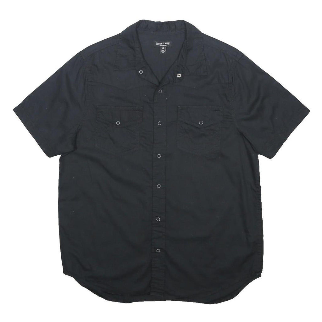 TRUE RELIGION Mens Black Cotton Shirt M Short Sleeve Button Front Casual