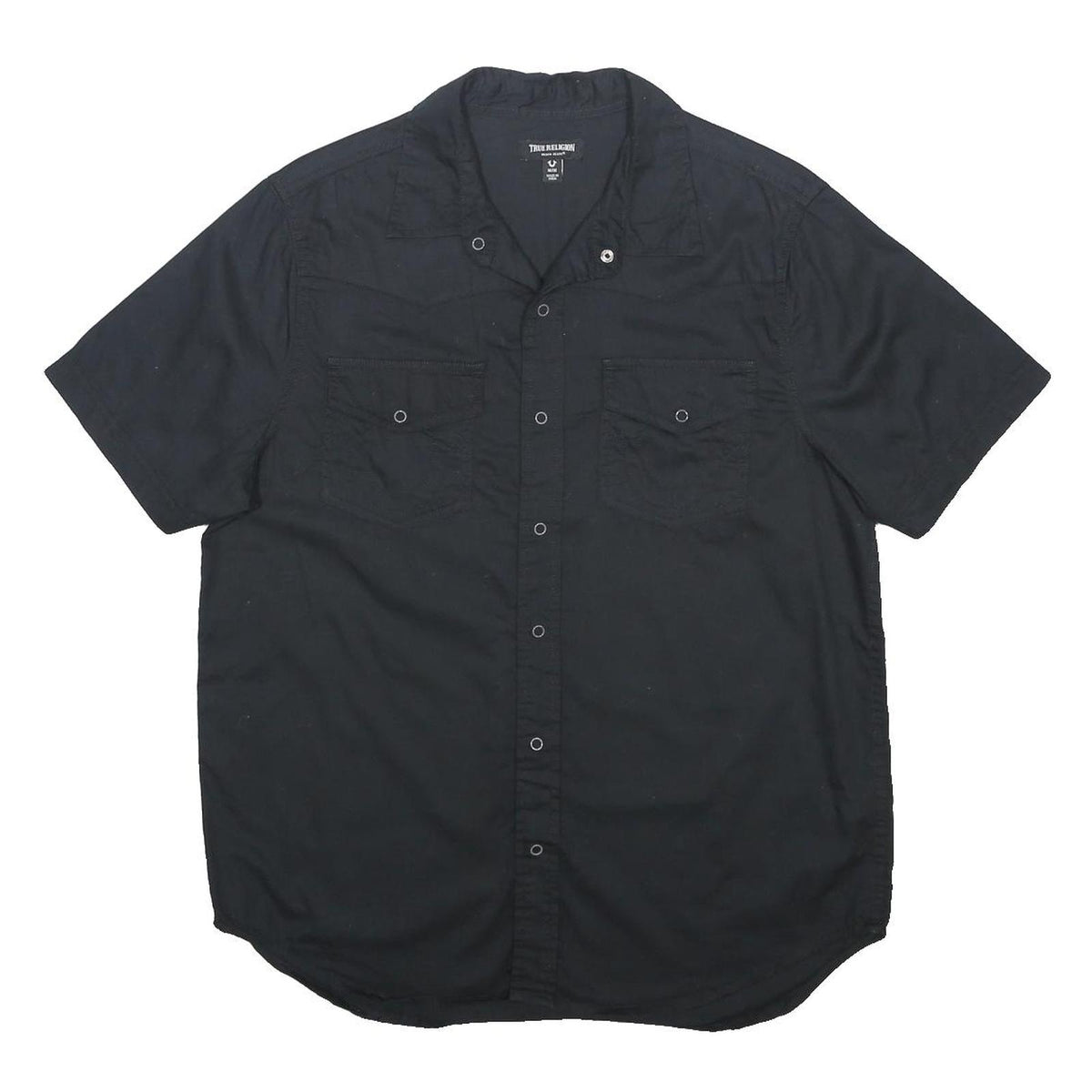 TRUE RELIGION Mens Black Cotton Shirt M Short Sleeve Button Front Casual