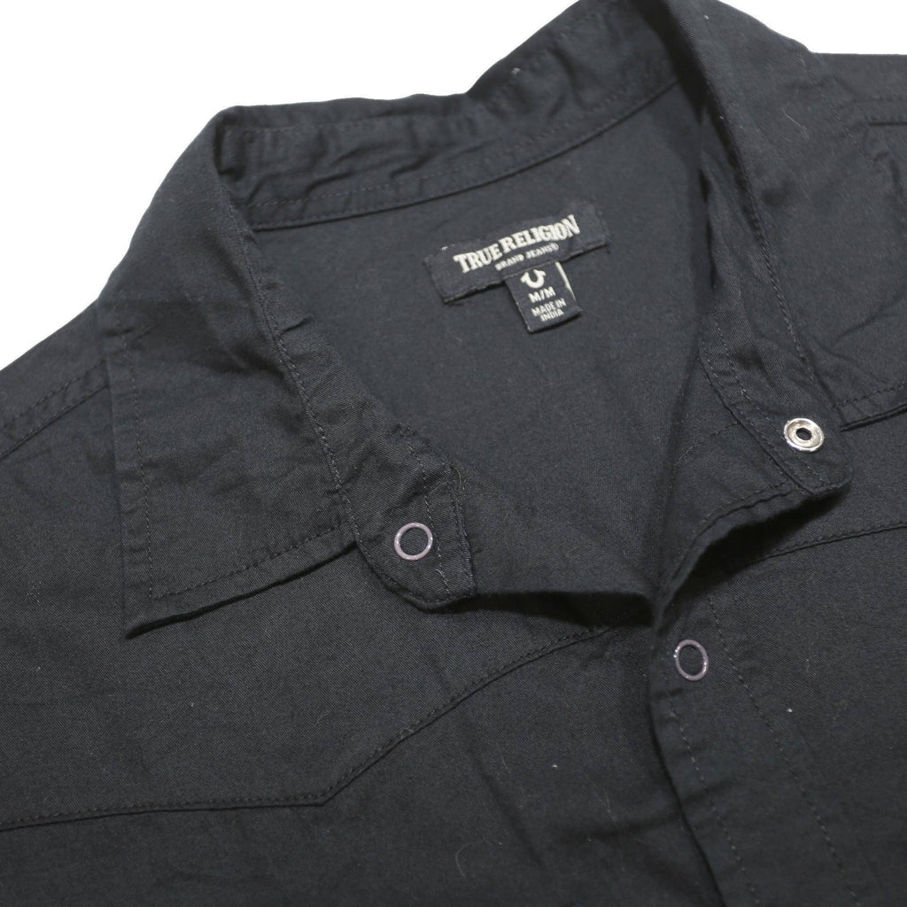 TRUE RELIGION Mens Black Cotton Shirt M Short Sleeve Button Front Casual