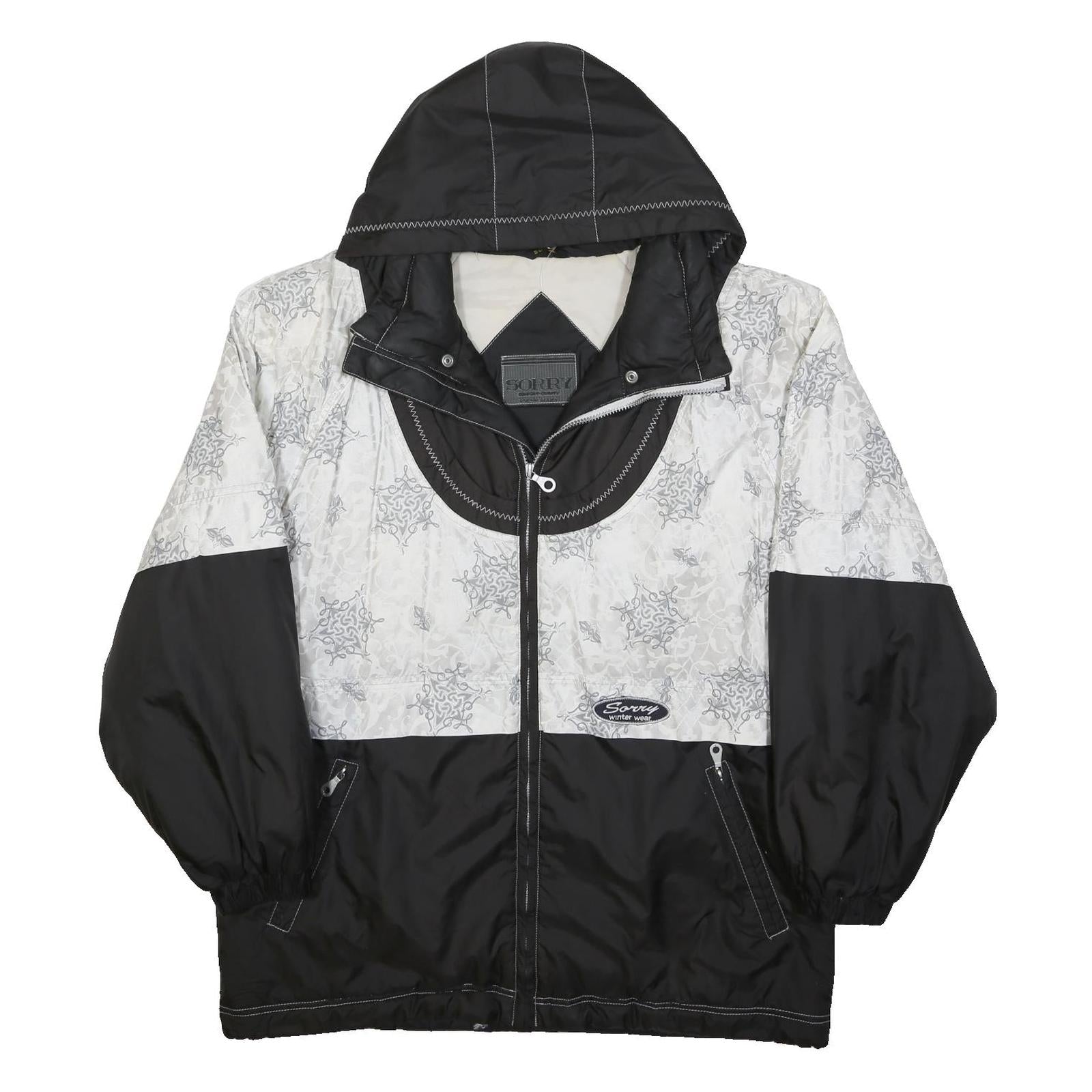 SORRY Mens Black & White Patterned Zip Jacket L Polyester Casual Winter Wear