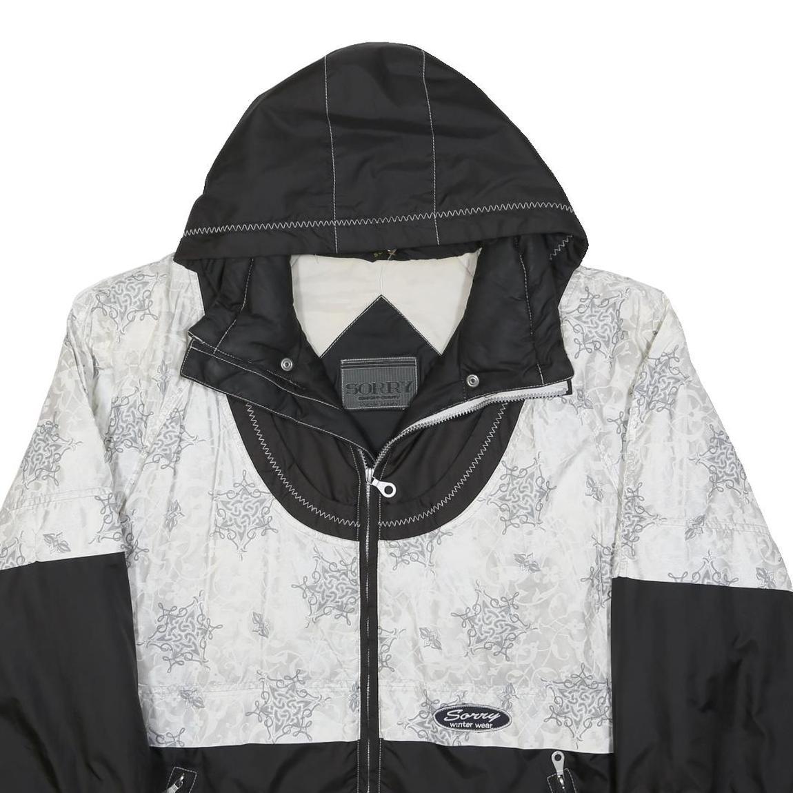 SORRY Mens Black & White Patterned Zip Jacket L Polyester Casual Winter Wear