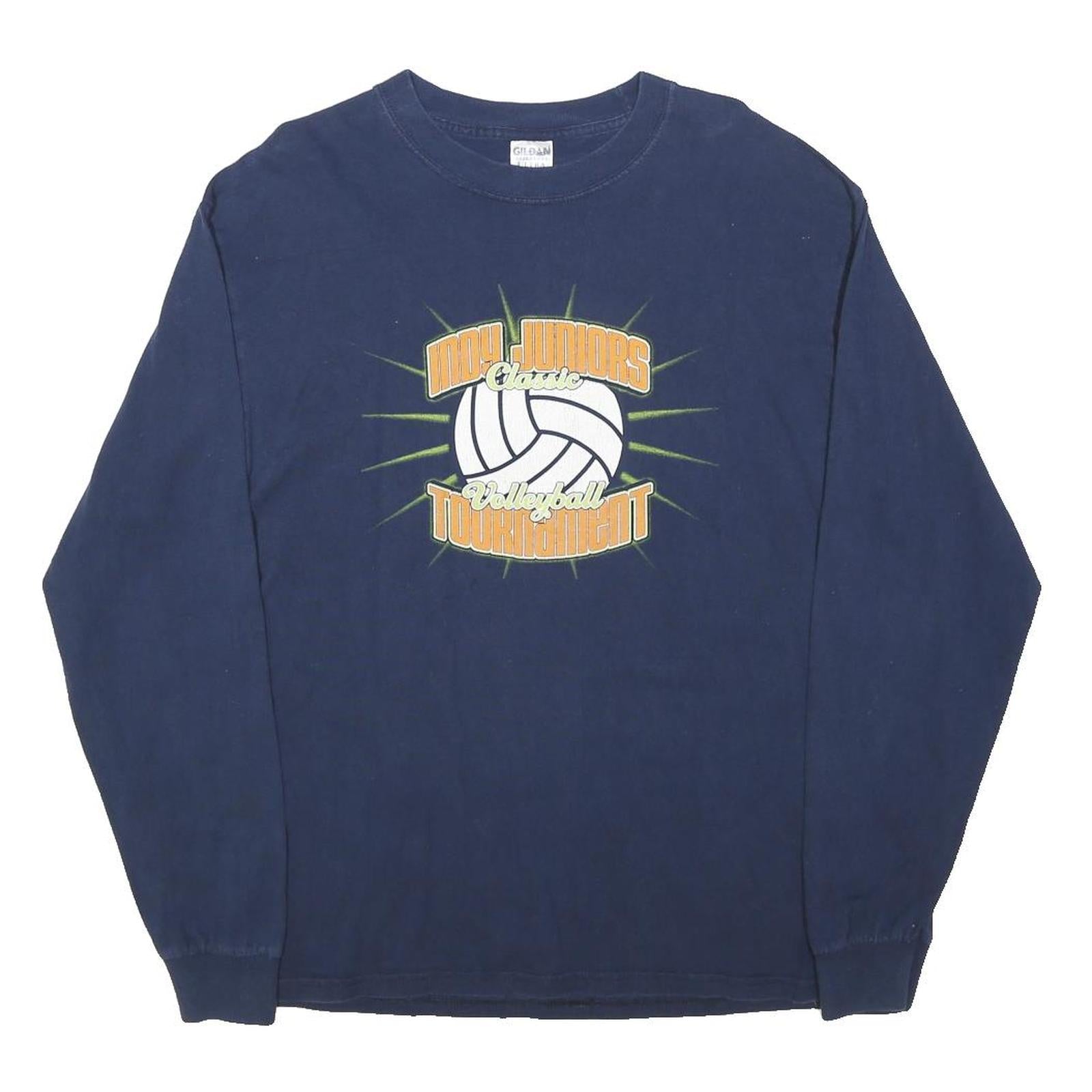 GILDAN Mens Navy Blue Indy Juniors Volleyball Tournament Graphic Long Sleeve