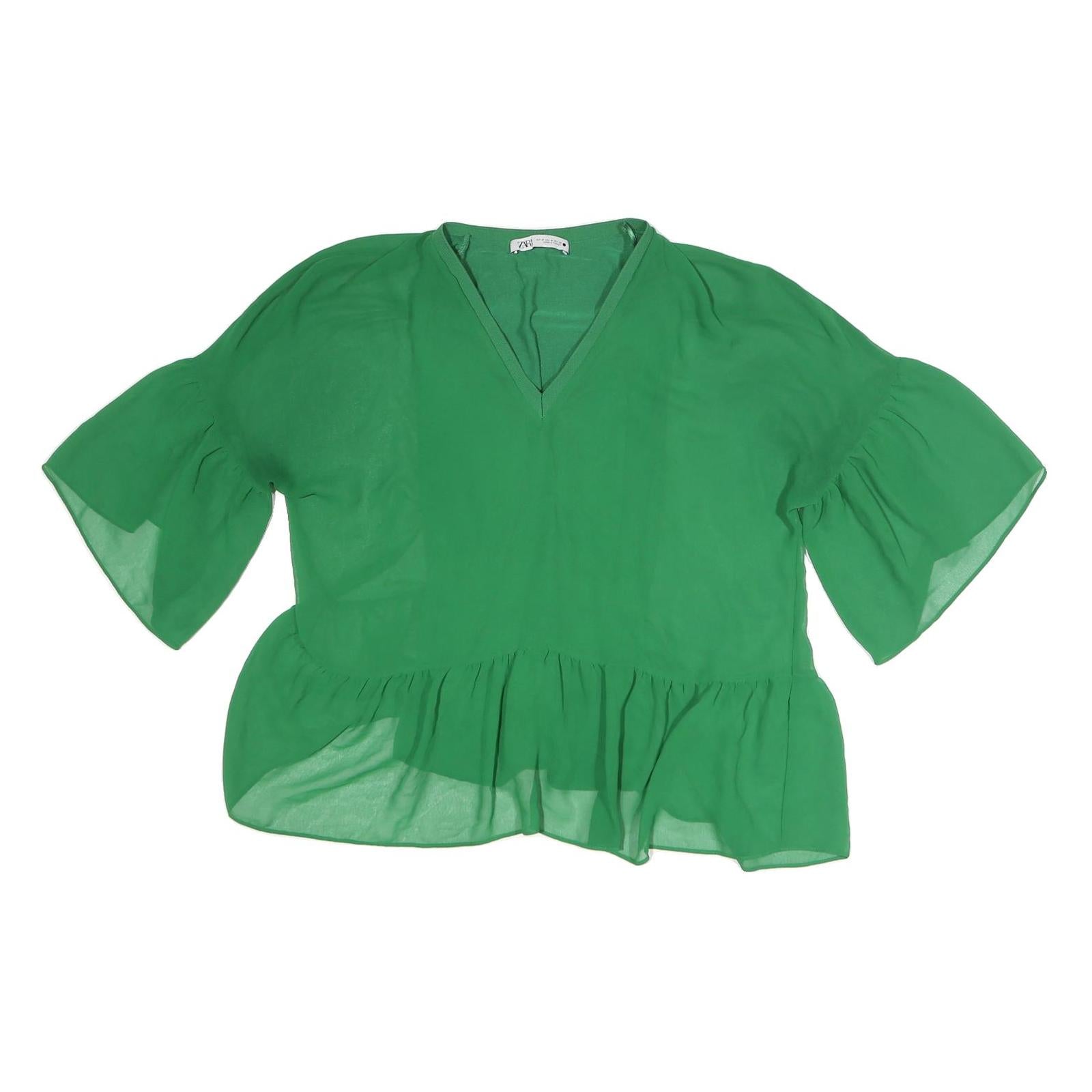 ZARA Womens Green Blouse Short Sleeve V-Neck Peplum Top M Lightweight