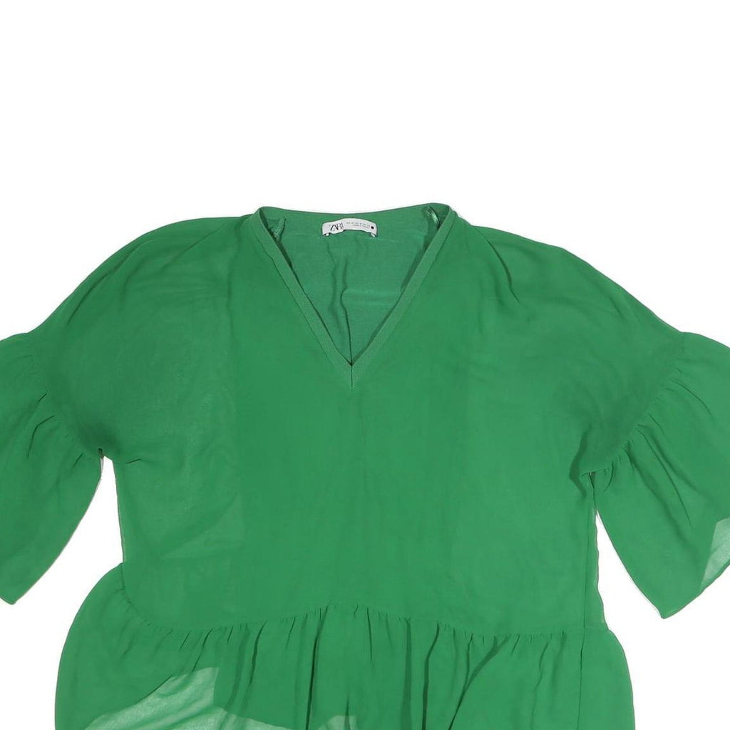ZARA Womens Green Blouse Short Sleeve V-Neck Peplum Top M Lightweight