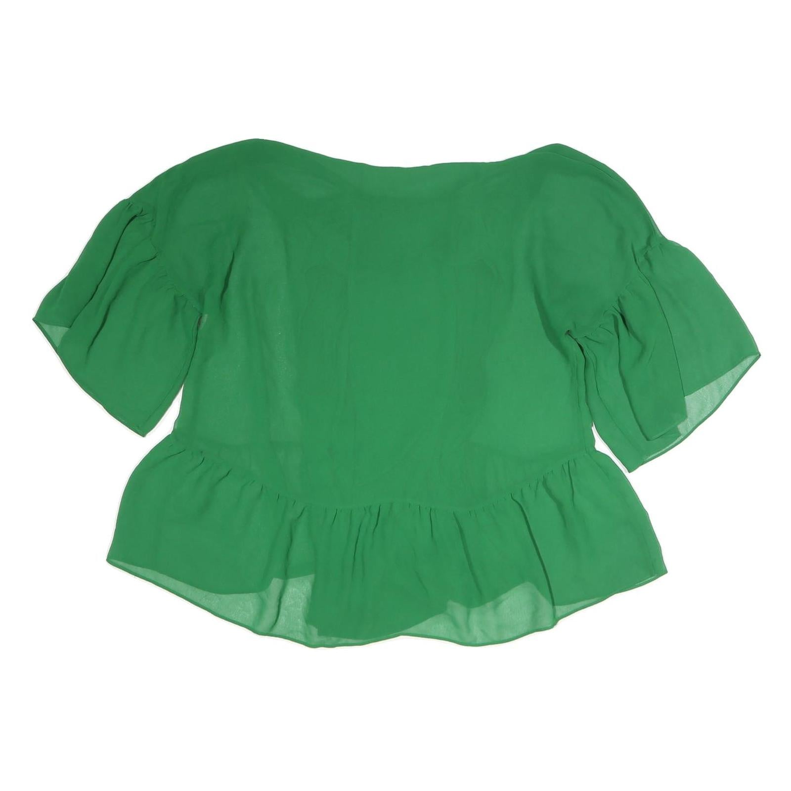 ZARA Womens Green Blouse Short Sleeve V-Neck Peplum Top M Lightweight