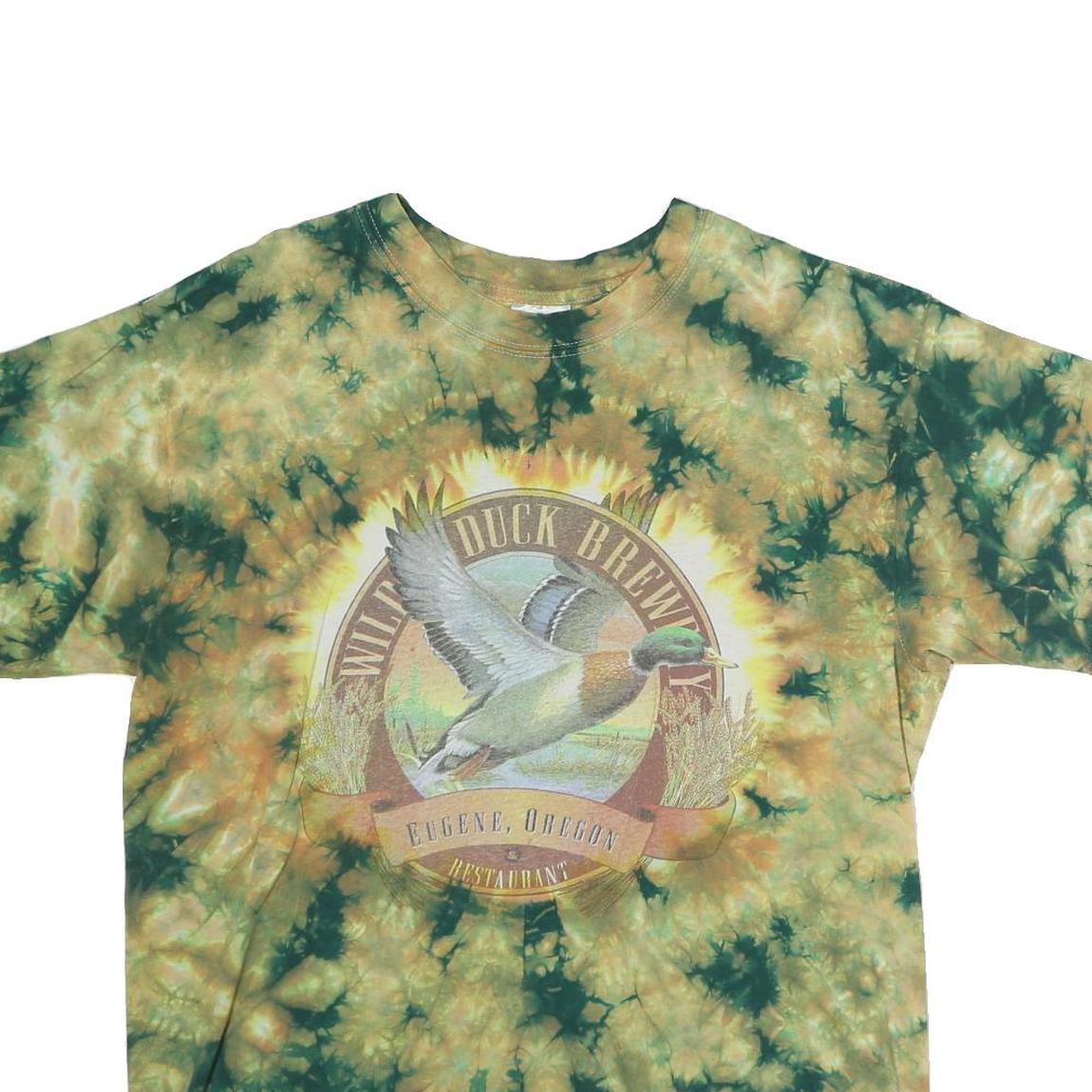 GILDAN Mens Green & Beige Tie Dye Graphic T-Shirt L Cotton Short Sleeve Crew