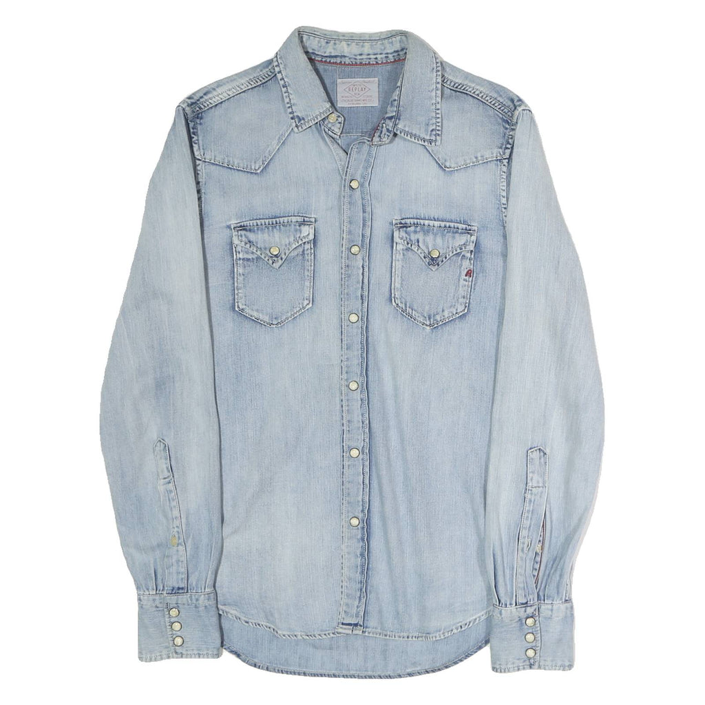 REPLAY Mens Blue Cotton Denim Shirt S Western Casual Button Snap Fastening