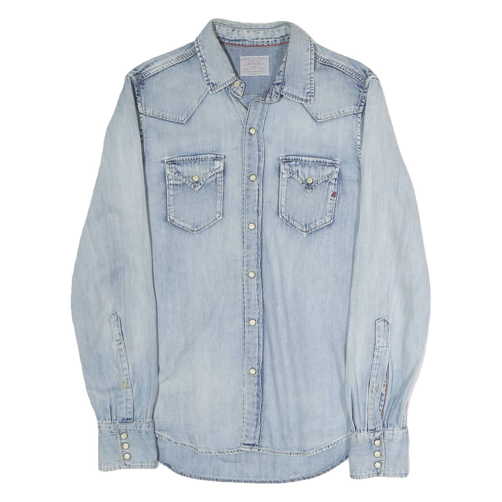 REPLAY Mens Blue Cotton Denim Shirt S Western Casual Button Snap Fastening