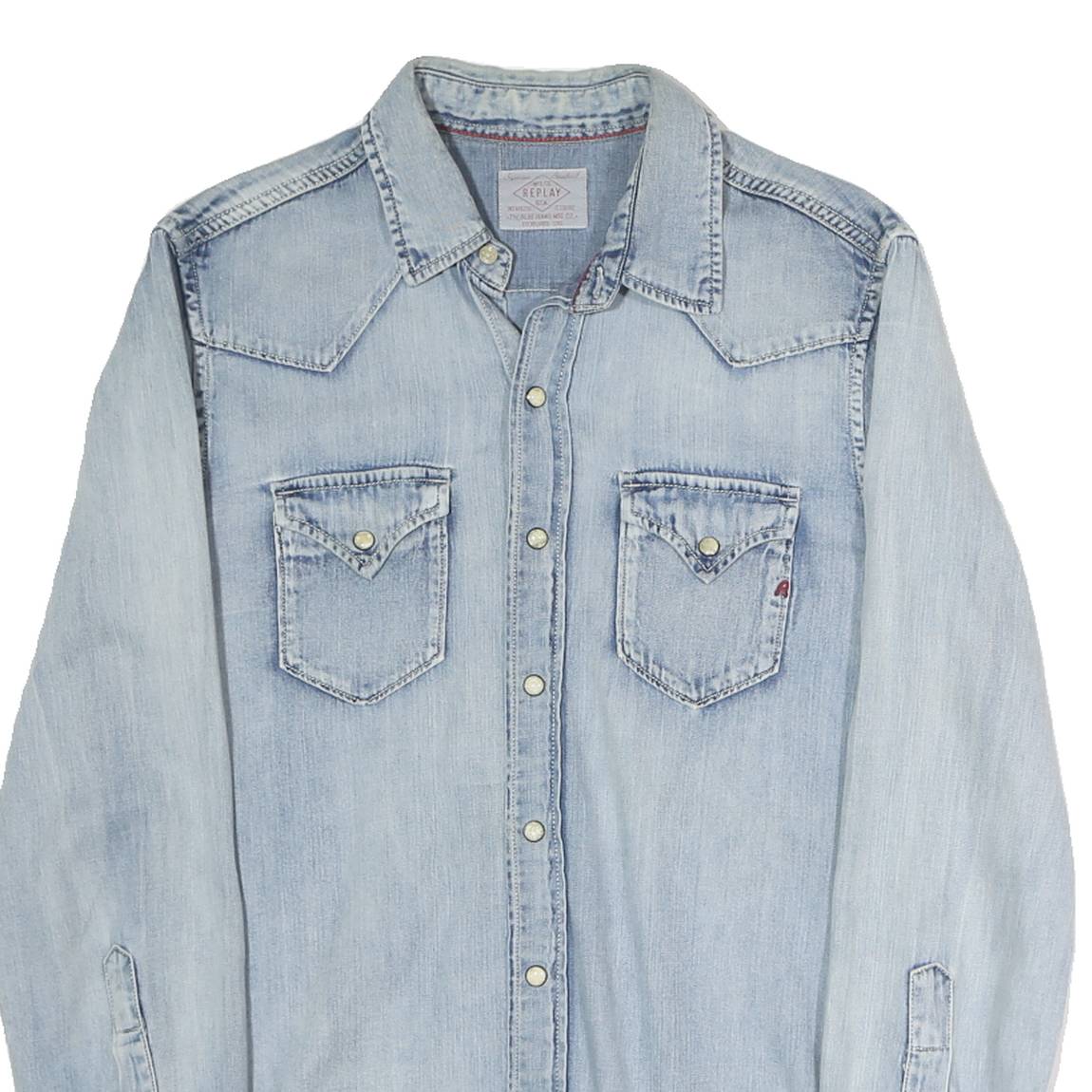 REPLAY Mens Blue Cotton Denim Shirt S Western Casual Button Snap Fastening