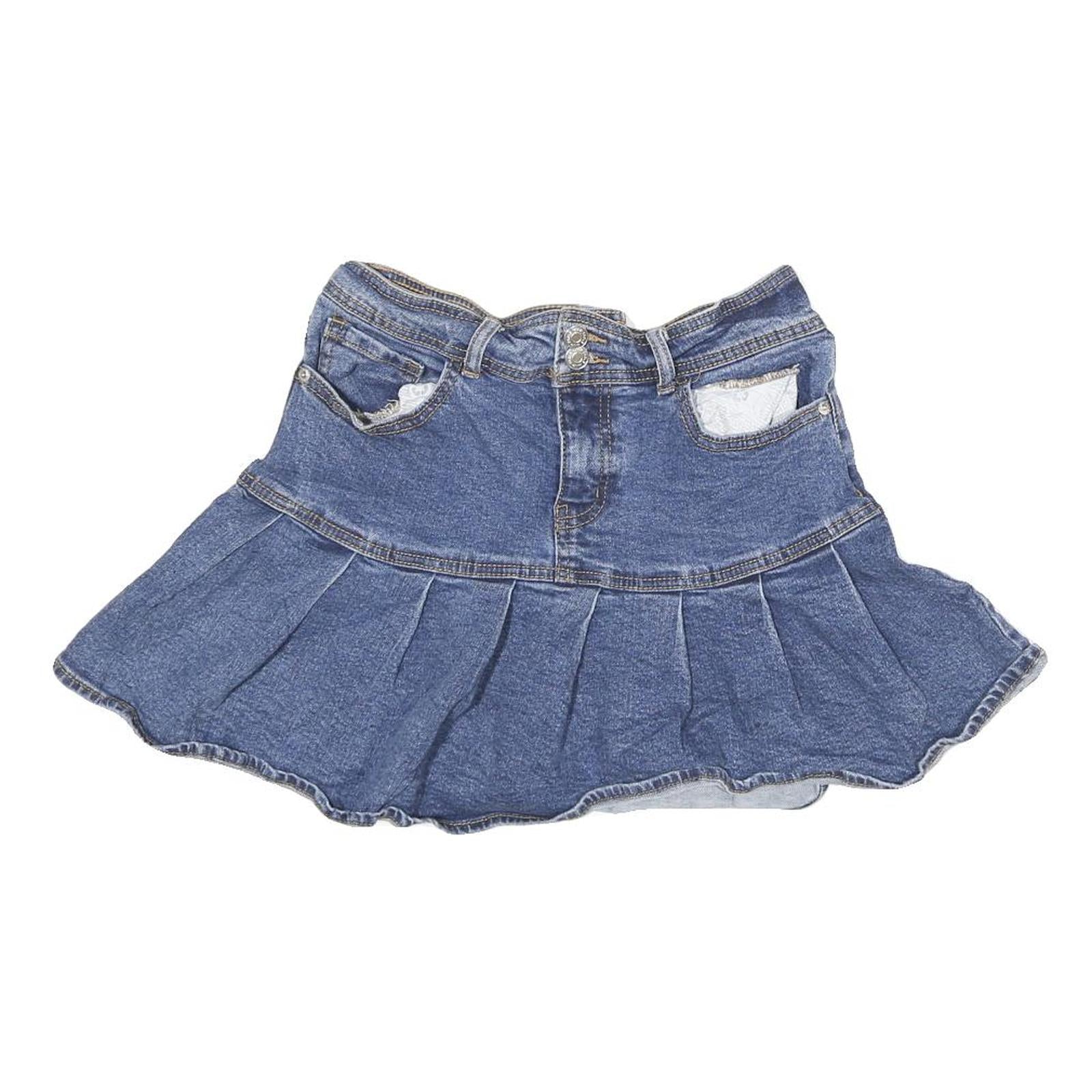 Womens Blue Denim Pleated Mini Cotton Blend Skirt S Casual Summer Wear